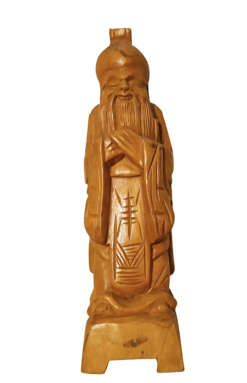 Vintage Chinese Wise Man Hand Carved Wood Statue 13" Asian Immortal Figurine